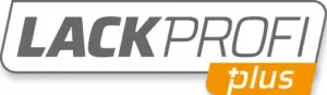 Das Bild zeigt ein Logo mit dem Schriftzug "LACKPROFI" in grauer Schrift. Rechts unten ist ein orangefarbenes Rechteck mit dem weißen Schriftzug "plus".